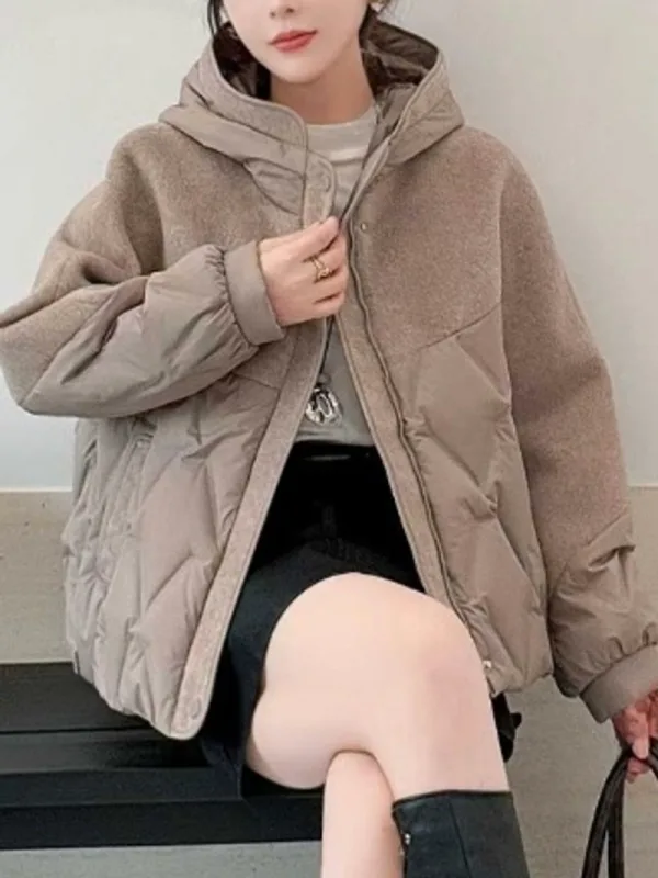 暖霧拼接連帽鋪棉外套