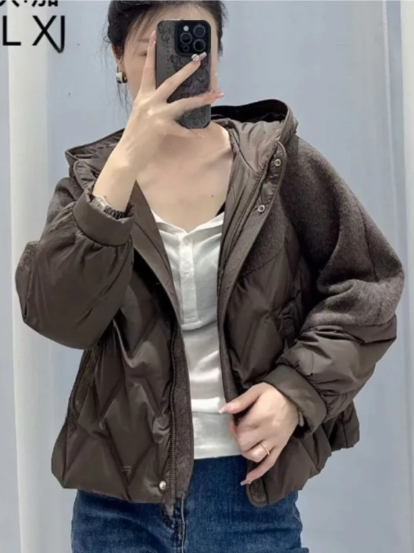 暖霧拼接連帽鋪棉外套