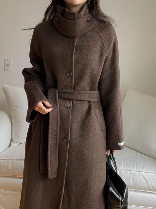 暖棕裹心高領繫帶大衣