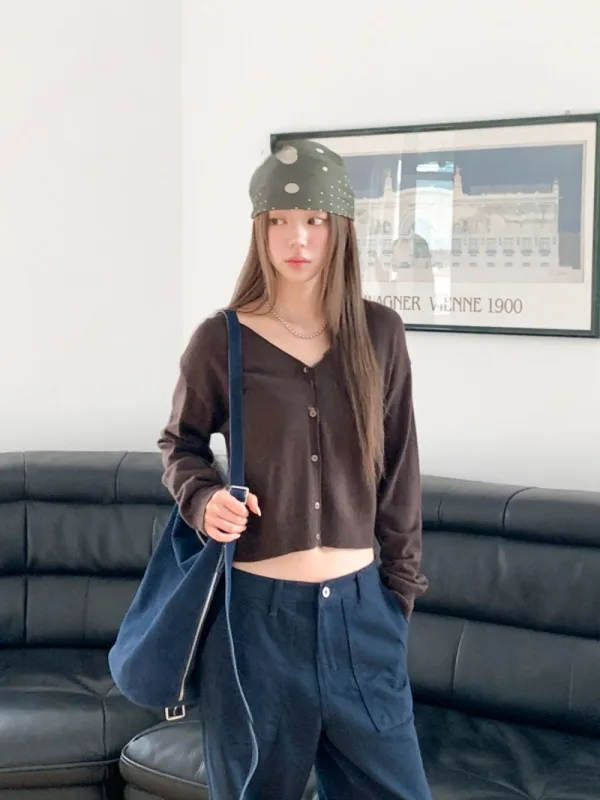 暖可可V領短版針織開襟衫