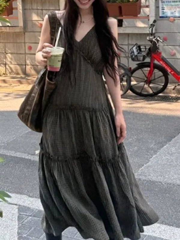 復古格紋荷葉邊吊帶長洋裝