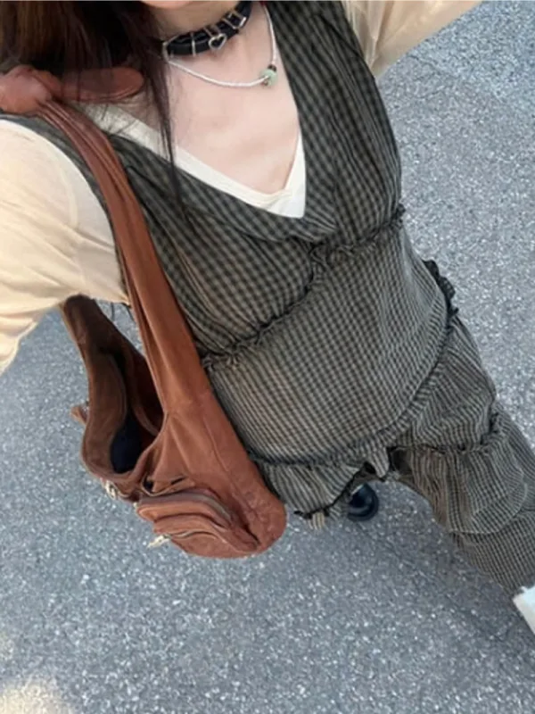 復古格紋荷葉邊吊帶長洋裝