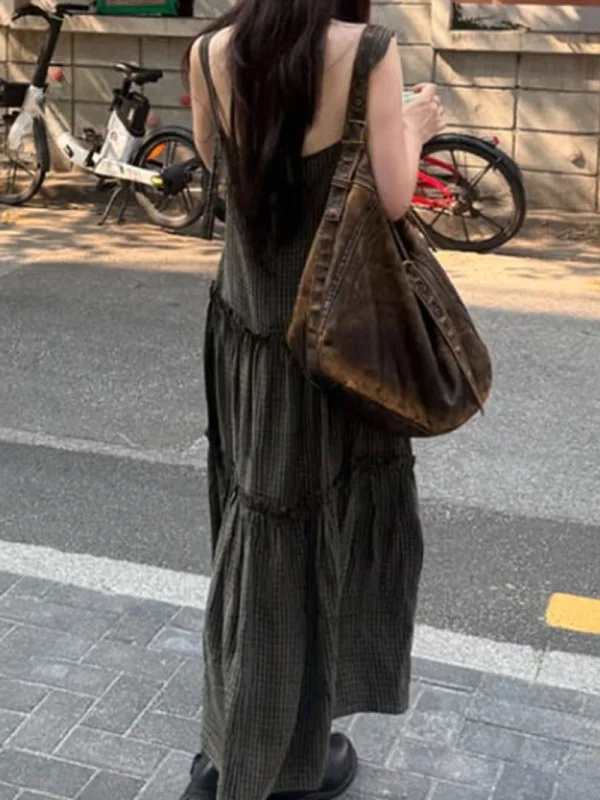 復古格紋荷葉邊吊帶長洋裝