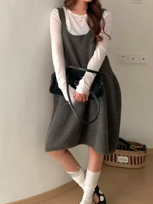 暖霧灰・柔絨寬版吊帶裙