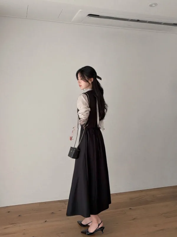 知性絲帶拼接傘襬洋裝