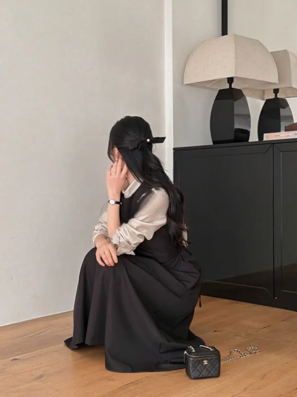 知性絲帶拼接傘襬洋裝