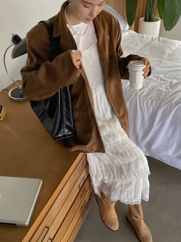 焦糖麂皮感寬版西裝外套