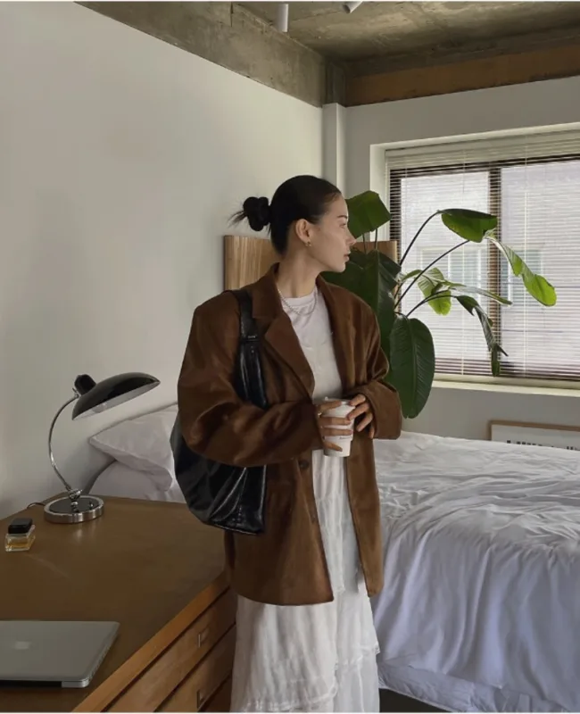 焦糖麂皮感寬版西裝外套