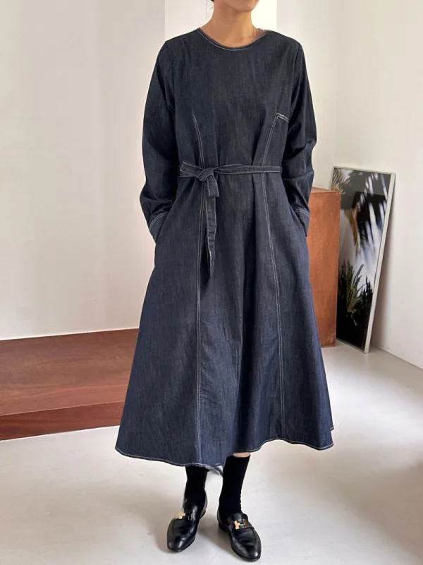 靛藍縫線綁帶牛仔洋裝