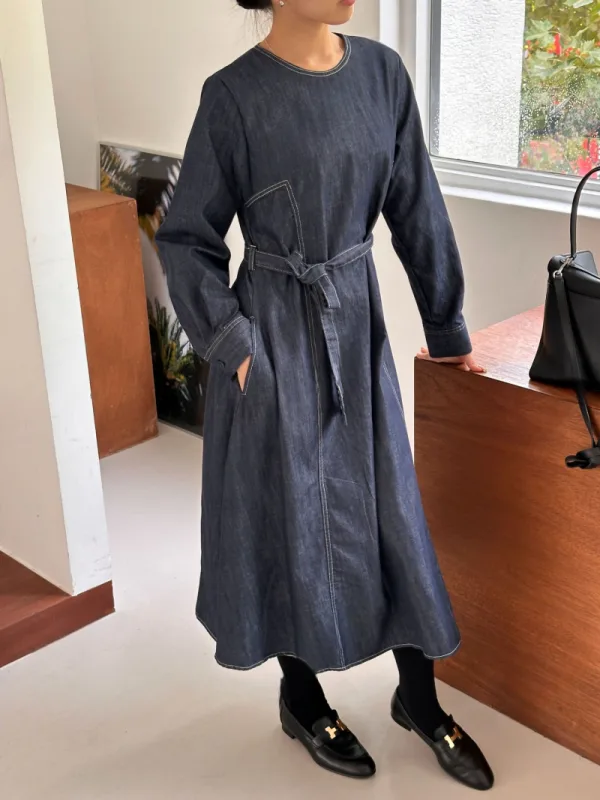 靛藍縫線綁帶牛仔洋裝