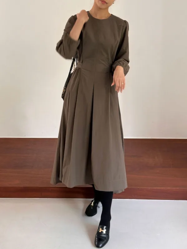 暮棕繫帶泡袖傘襬洋裝