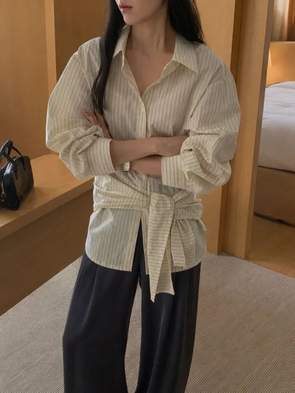 午後微光條紋綁帶襯衫