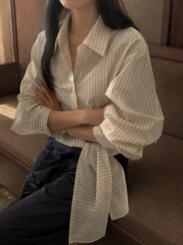 午後微光條紋綁帶襯衫