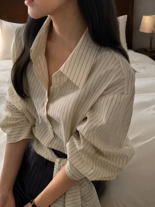 午後微光條紋綁帶襯衫
