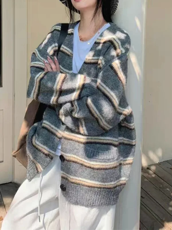 暖灰復古條紋寬鬆針織開襟衫