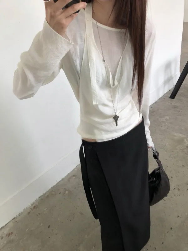月白垂褶雙層綁帶上衣