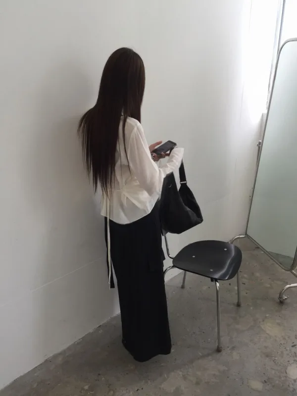 月白垂褶雙層綁帶上衣