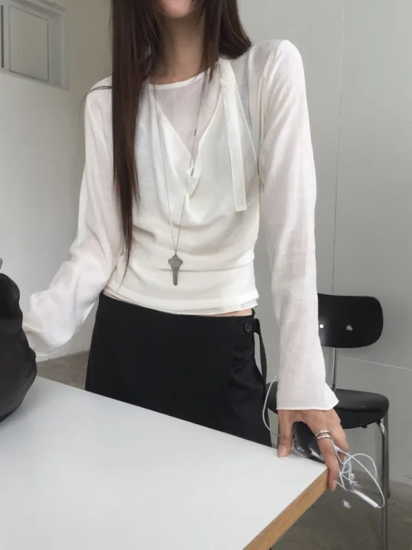 月白垂褶雙層綁帶上衣