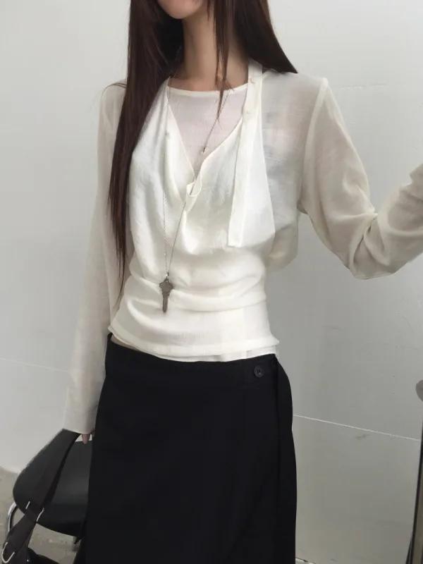 月白垂褶雙層綁帶上衣