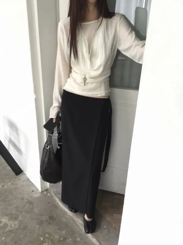 月白垂褶雙層綁帶上衣