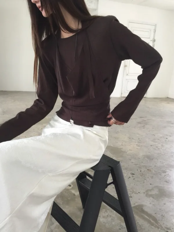 月白垂褶雙層綁帶上衣
