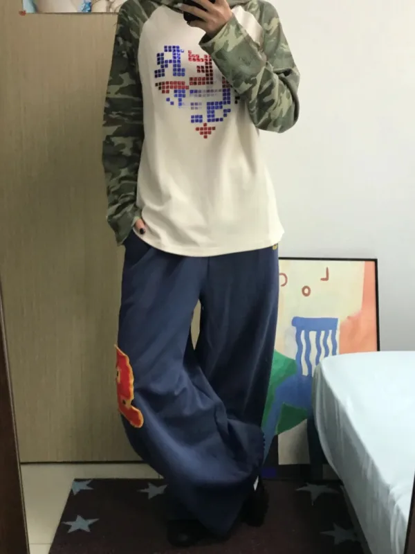 街頭復古字母寬版運動長褲