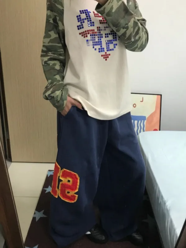 街頭復古字母寬版運動長褲