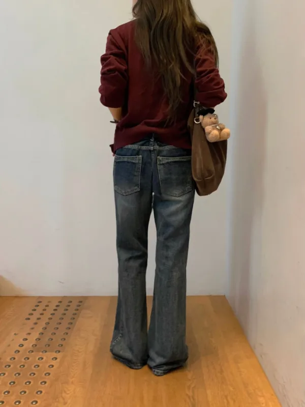 復古水洗寬版直筒牛仔褲