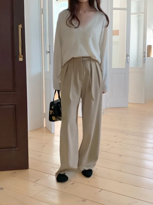 暖沙褶線高腰寬褲