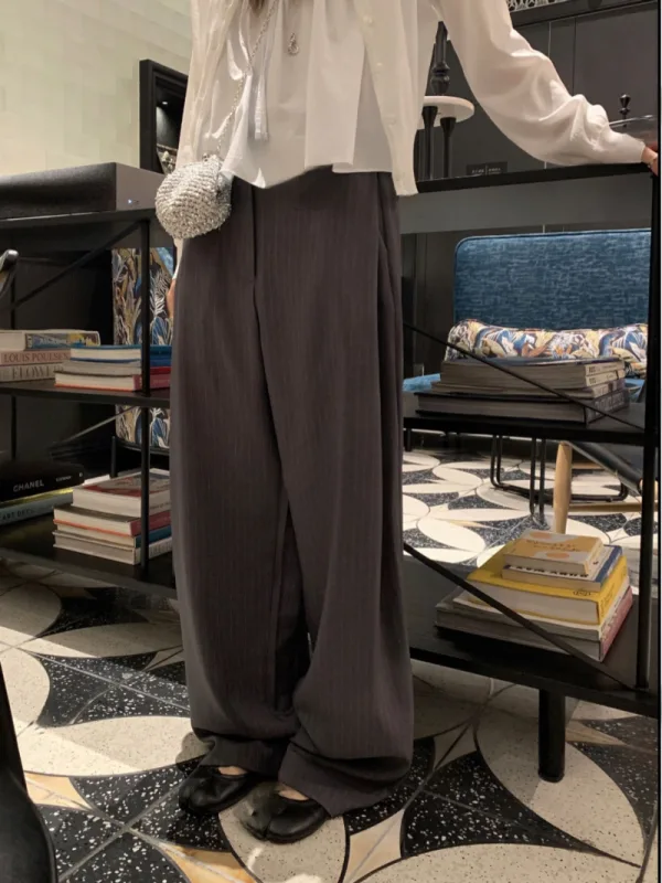 都會直線感・細條紋寬腿西裝長褲