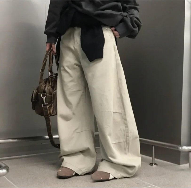 奶油工裝・落地寬褲