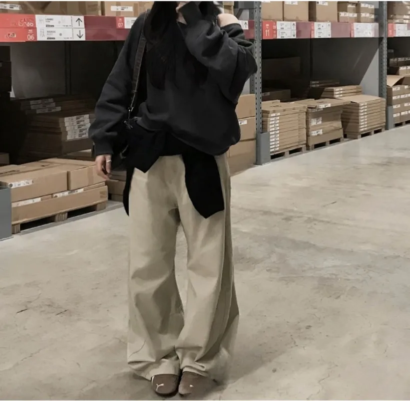 奶油工裝・落地寬褲