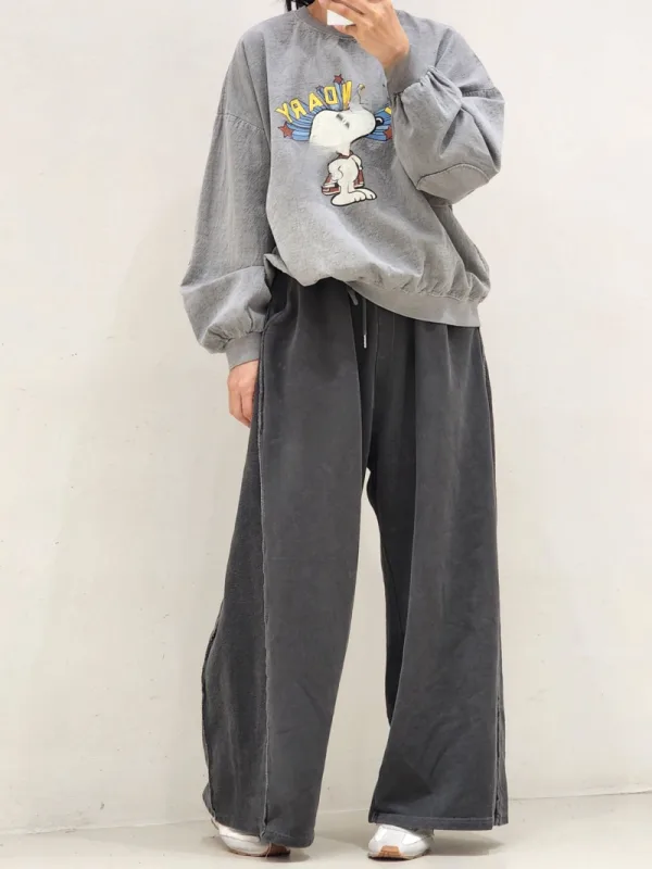 炭灰洗色拼線寬腿長褲