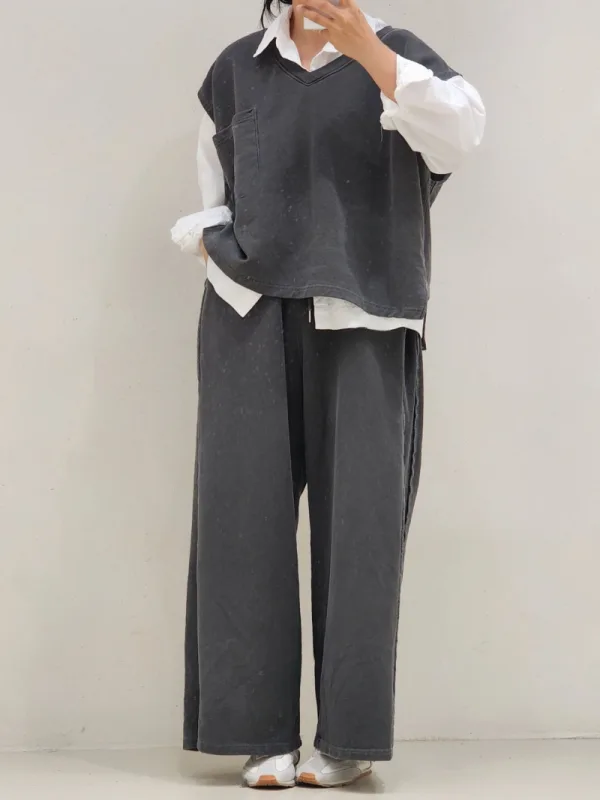 炭灰洗色拼線寬腿長褲