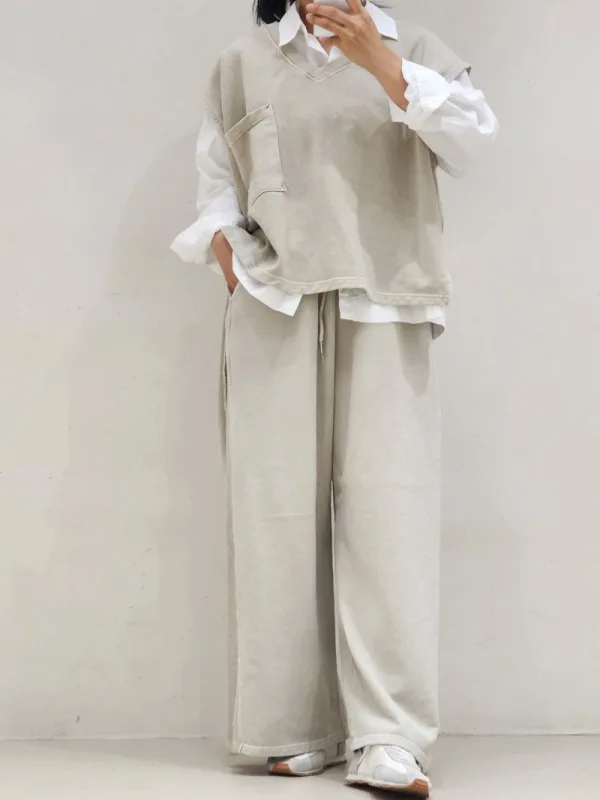 炭灰洗色拼線寬腿長褲