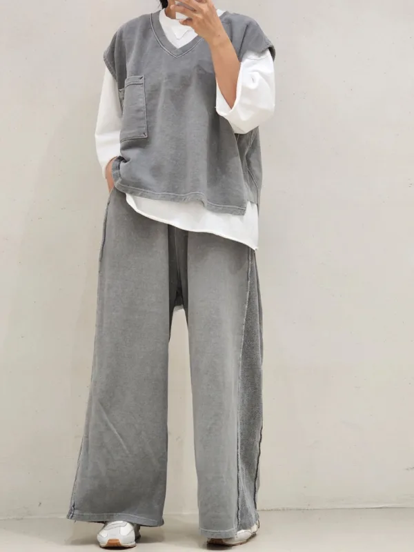 炭灰洗色拼線寬腿長褲