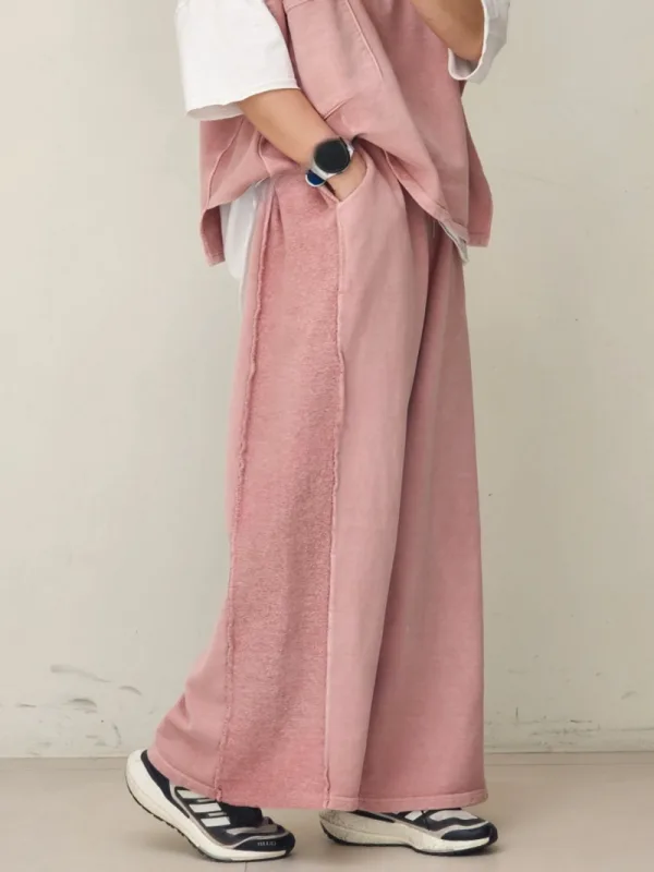 炭灰洗色拼線寬腿長褲