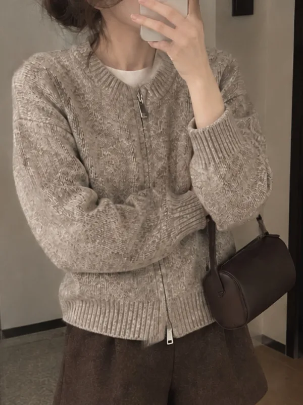 暮紫花紋拉鍊針織外套