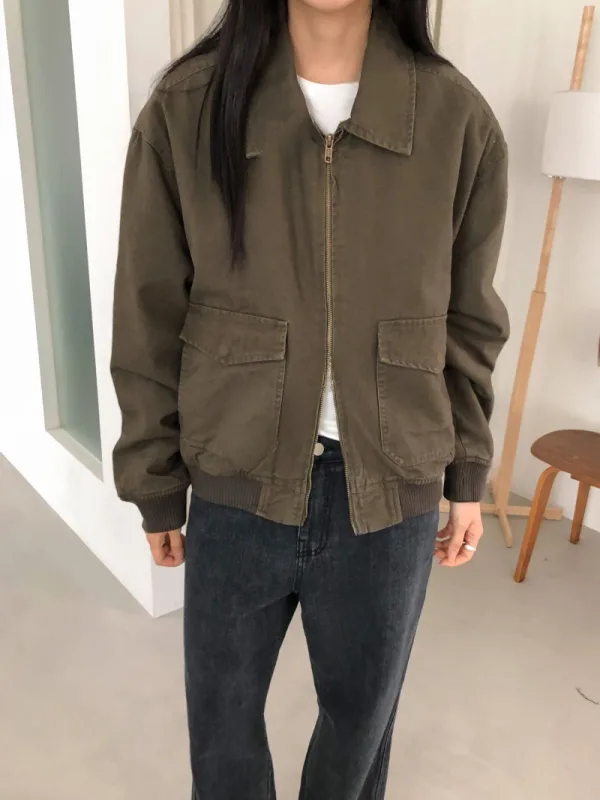 橄欖工裝寬版拉鍊外套