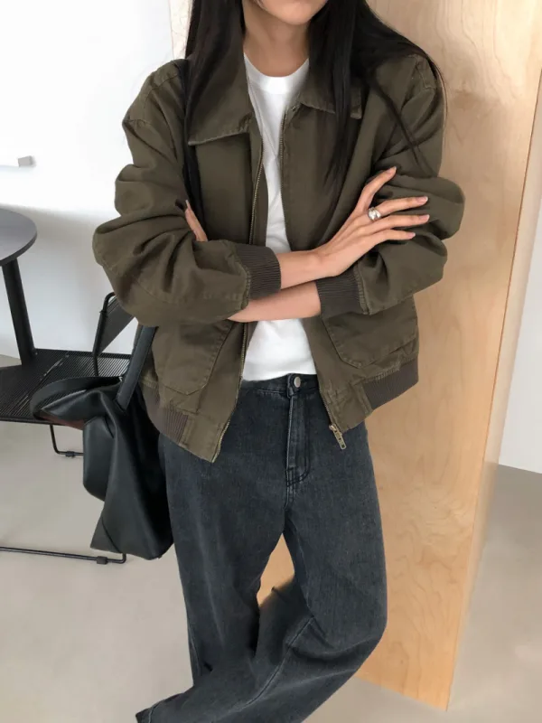 橄欖工裝寬版拉鍊外套