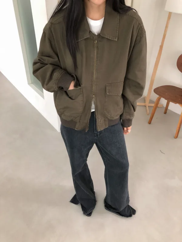 橄欖工裝寬版拉鍊外套