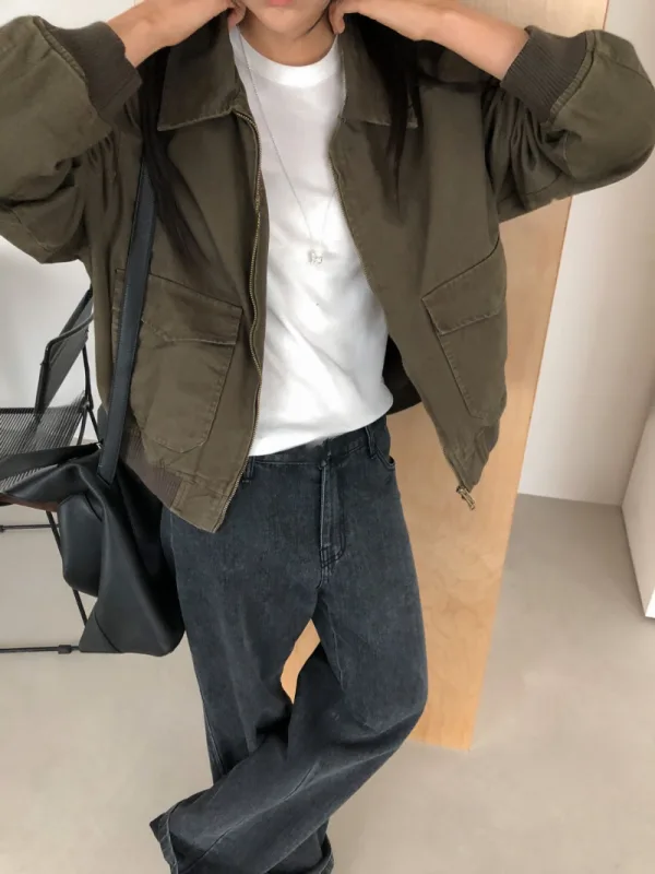 橄欖工裝寬版拉鍊外套