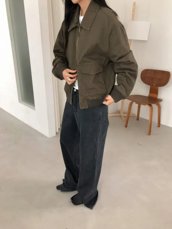 橄欖工裝寬版拉鍊外套