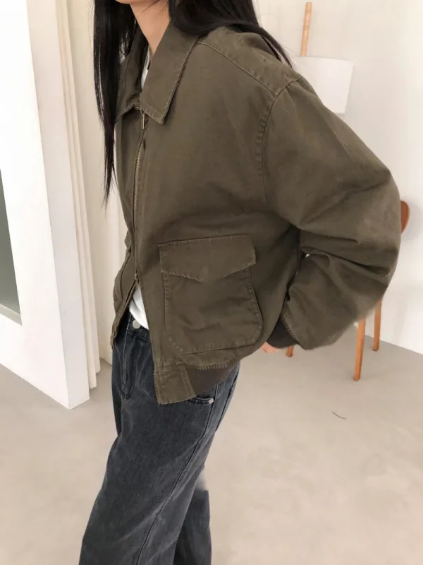 橄欖工裝寬版拉鍊外套