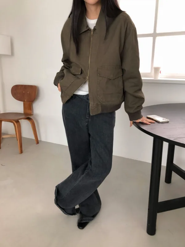 橄欖工裝寬版拉鍊外套