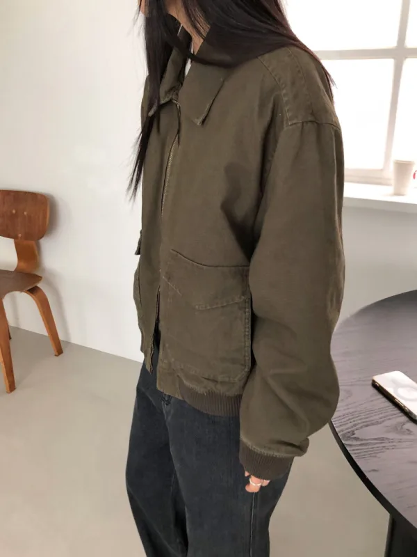 橄欖工裝寬版拉鍊外套