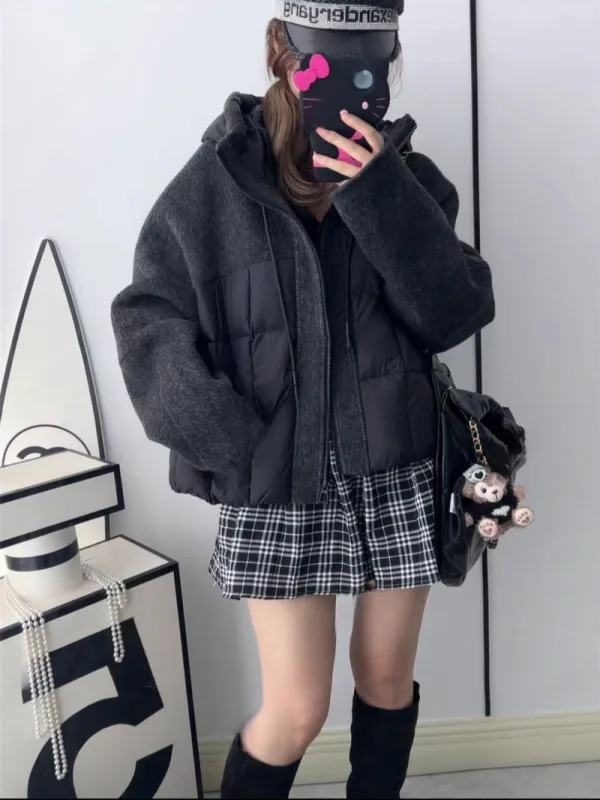 暖霧拼接連帽羽絨感外套