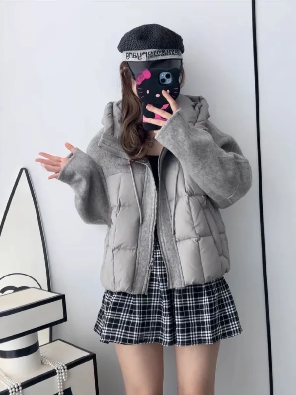 暖霧拼接連帽羽絨感外套