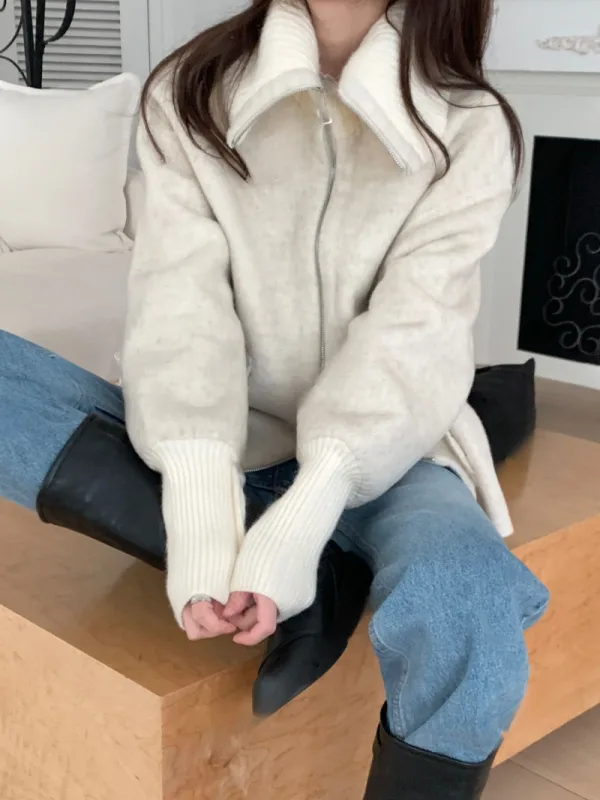 暖霧羊毛翻領拉鍊外套