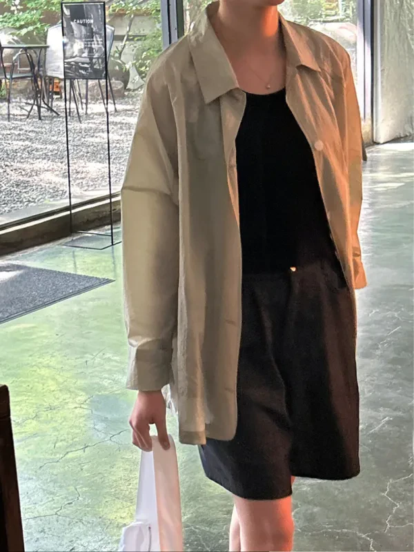 輕透微皺感翻領工裝襯衫外套